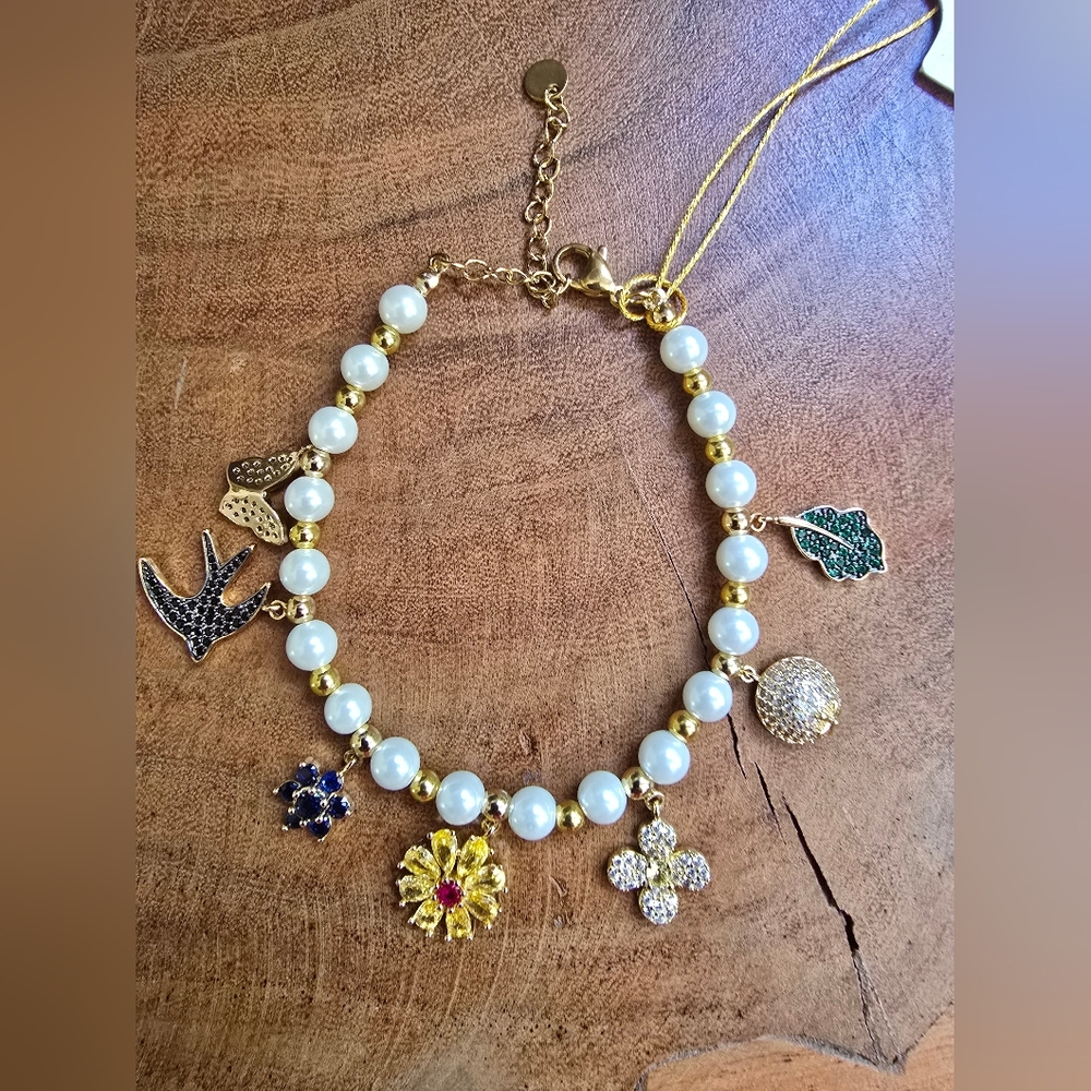 NWT Gold, White Shell Pearl Bracelet with Charms Witj Cubic Zirconia
